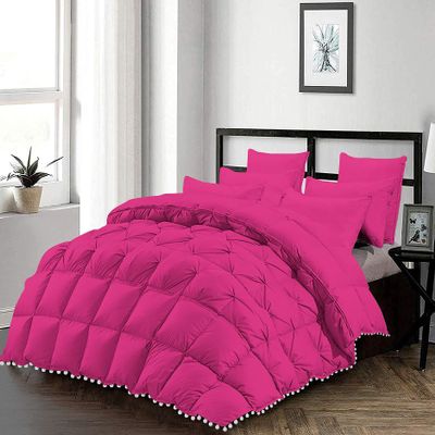 5 Piece Beautiful Looking Pom Pom Half Pinch Pleated Comforter Set 800 Thread Count 100% Egyptian Cotton, White Vintage Pom-Pom Fringe Super Soft (Full/Queen Size Hot Pink Color)