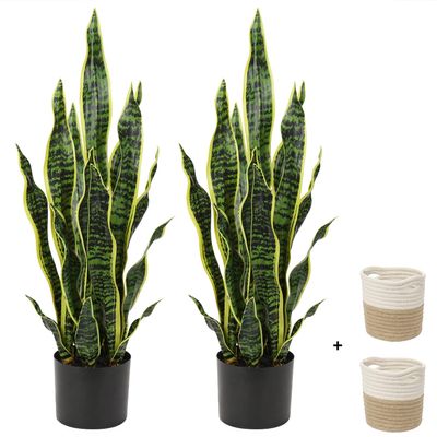 2 Set Large Fake Snake Plant 25 Inch Sansevieria Plant Artificial Snake Plants in Pots with Woven Basket Faux Mother In Law Tongue Plant - 17 Leaves Fake Laurentii for Indoor Outdoor Home Office Decor