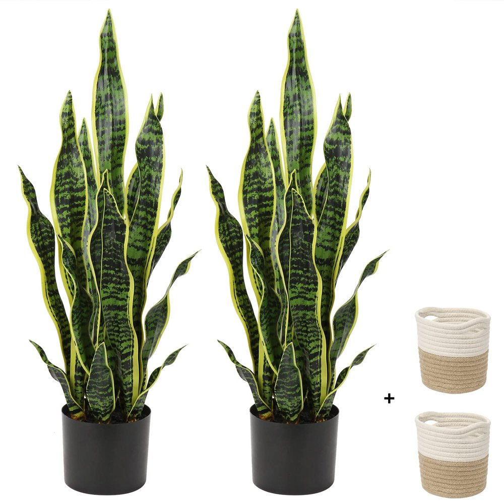2 Set Large Fake Snake Plant 25 Inch Sansevieria Plant Artificial Snake Plants in Pots with Woven Basket Faux Mother In Law Tongue Plant - 17 Leaves Fake Laurentii for Indoor Outdoor Home Office Decor
