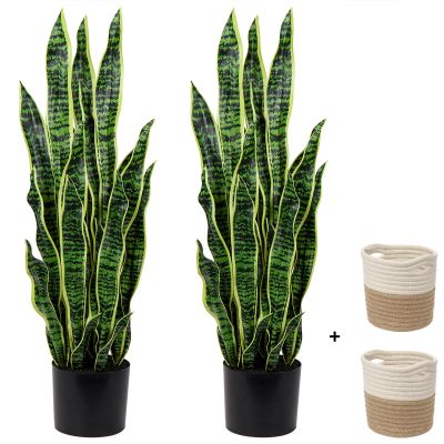 2 Set Large Fake Snake Plant 35 Inch Sansevieria Plant Artificial Snake Plants in Pots with Woven Basket Faux Mother In Law Tongue Plant - 30 Leaves Fake Laurentii for Indoor Outdoor Home Office Decor