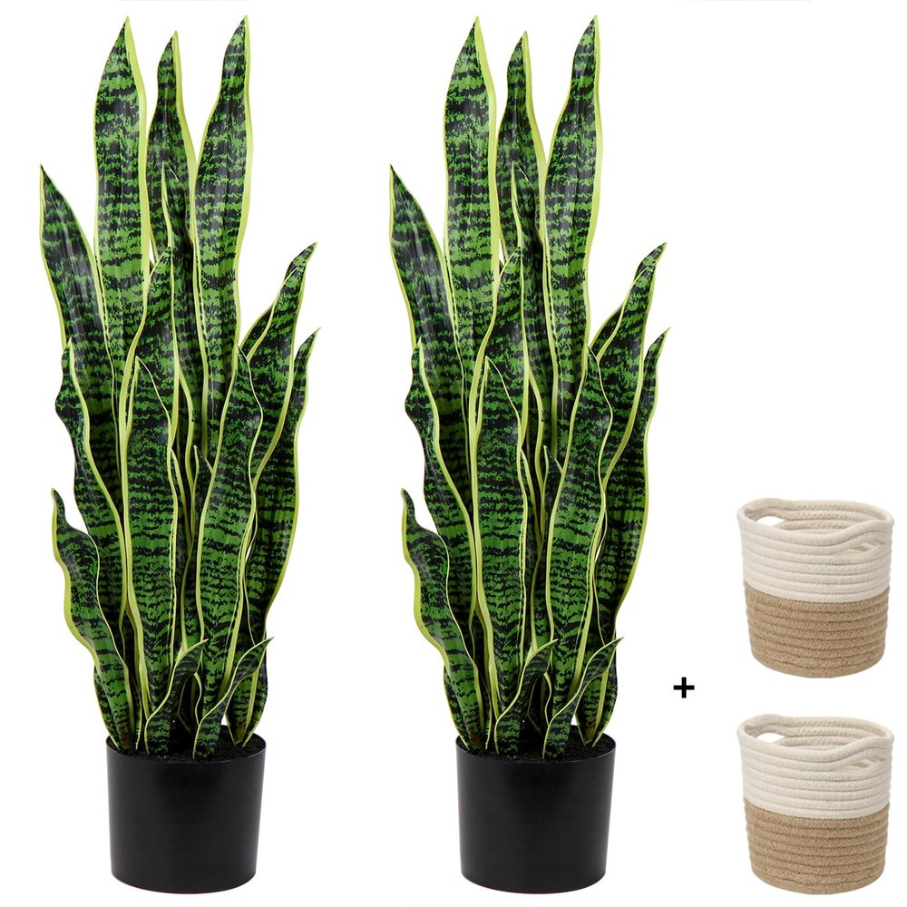 2 Set Large Fake Snake Plant 35 Inch Sansevieria Plant Artificial Snake Plants in Pots with Woven Basket Faux Mother In Law Tongue Plant - 30 Leaves Fake Laurentii for Indoor Outdoor Home Office Decor