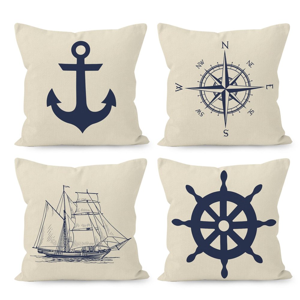 HUYAW Navy Blue Nautical Ocean Boat Anchor Compass Throw Pillow Covers, Sailor Nautical Gifts, Ship Pillow Cases 18 x 18 Inch Home Ship Sofa Decor Set of 4