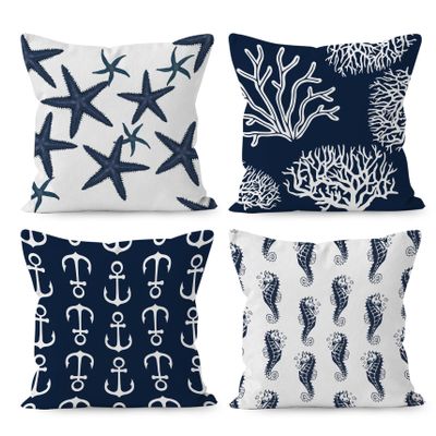 HUYAW Navy Blue Nautical Ocean Starfish Coral Seahorse Anchor Throw Pillow Covers, Ocean Nautical Gifts, Sea Animal Pillow Cases 18 x 18 Inch Home Ship Sofa Decor Set of 4