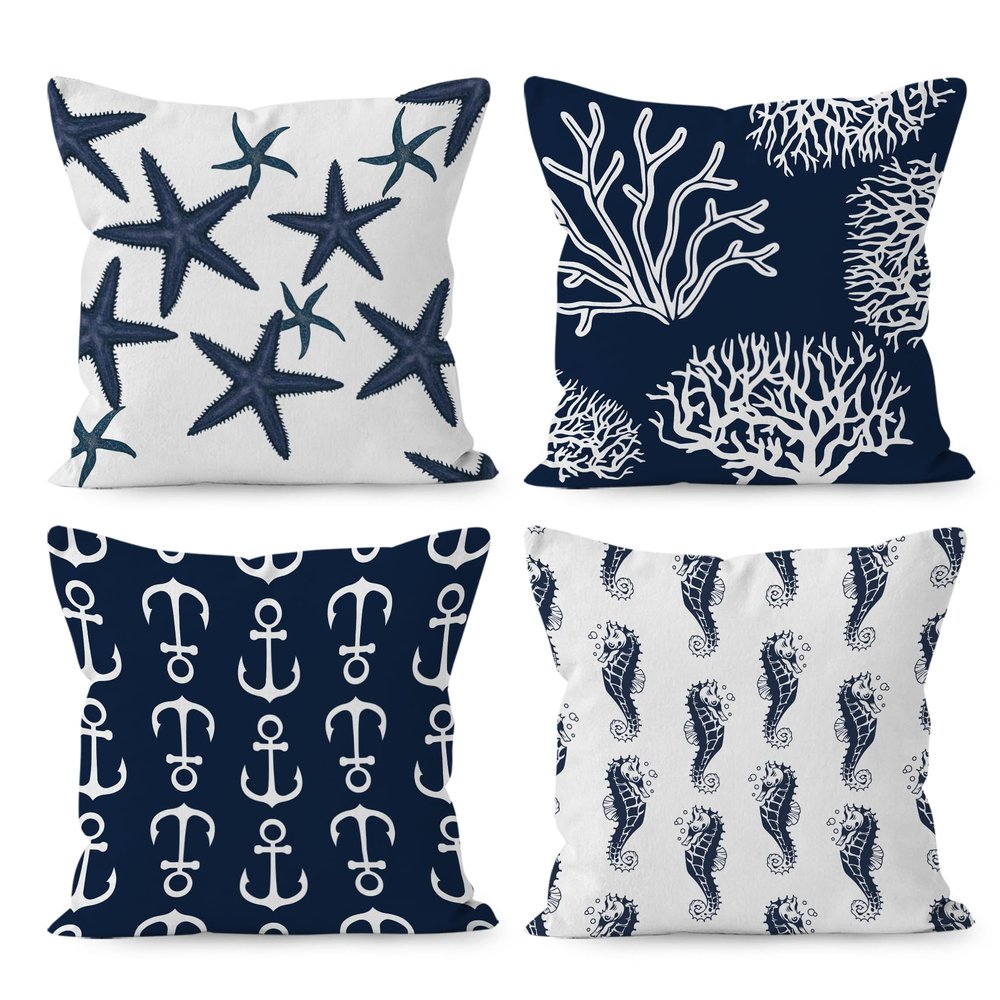 HUYAW Navy Blue Nautical Ocean Starfish Coral Seahorse Anchor Throw Pillow Covers, Ocean Nautical Gifts, Sea Animal Pillow Cases 18 x 18 Inch Home Ship Sofa Decor Set of 4