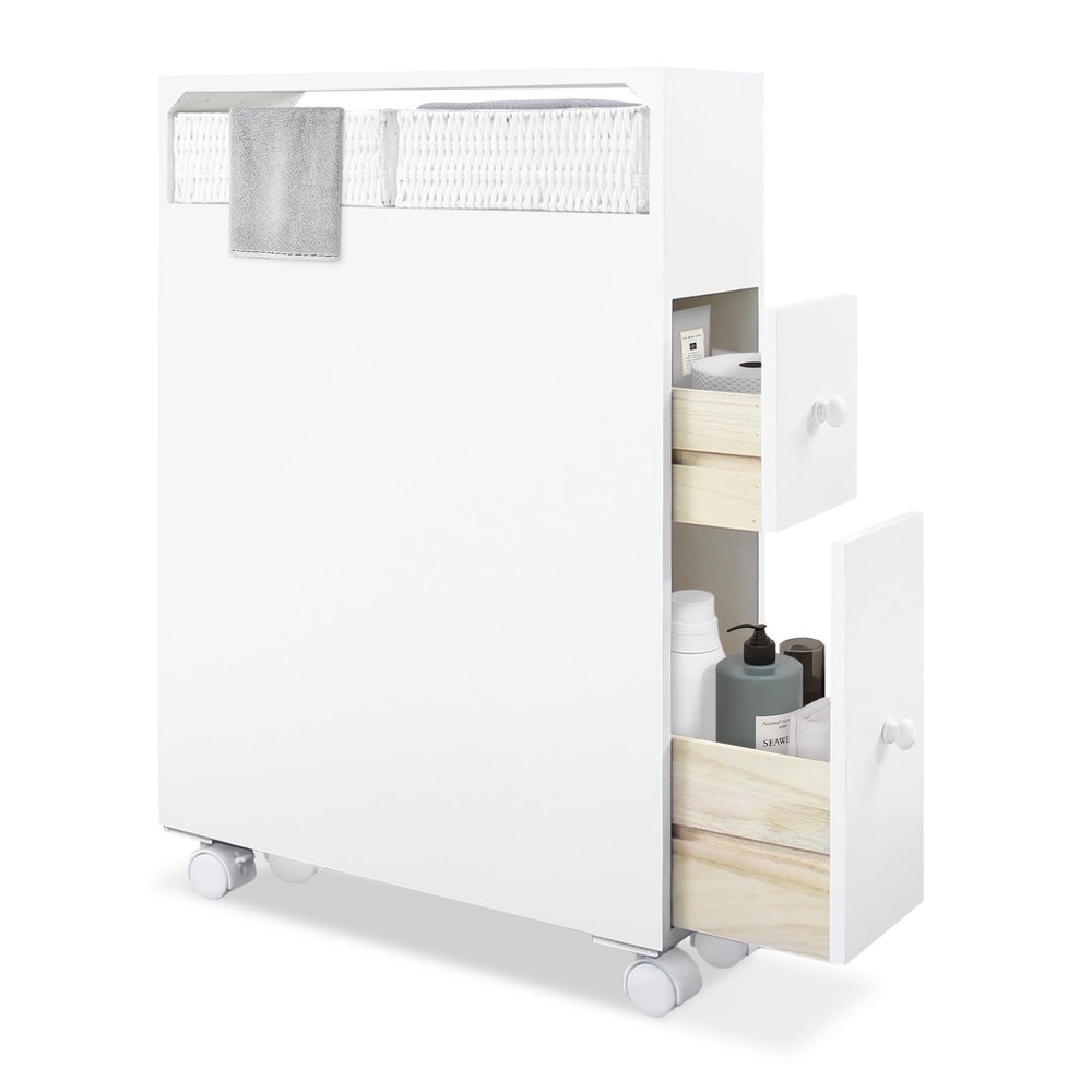 MASAKA B&W Movable Bathroom Storage Cabinet with 2 Drawers and Shelf, Toilet Paper Storage, Corner Shelves, Bathroom Furniture Sets, Side Organizer Toilet