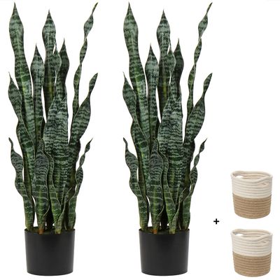 2 Set Large Fake Snake Plant Black Coral 35.8 Inch Sansevieria Plant Artificial Snake Plants in Pots with Woven Basket Faux Mother In Law Tongue Plant - 30 Leaves for Indoor Outdoor Home Office Decor