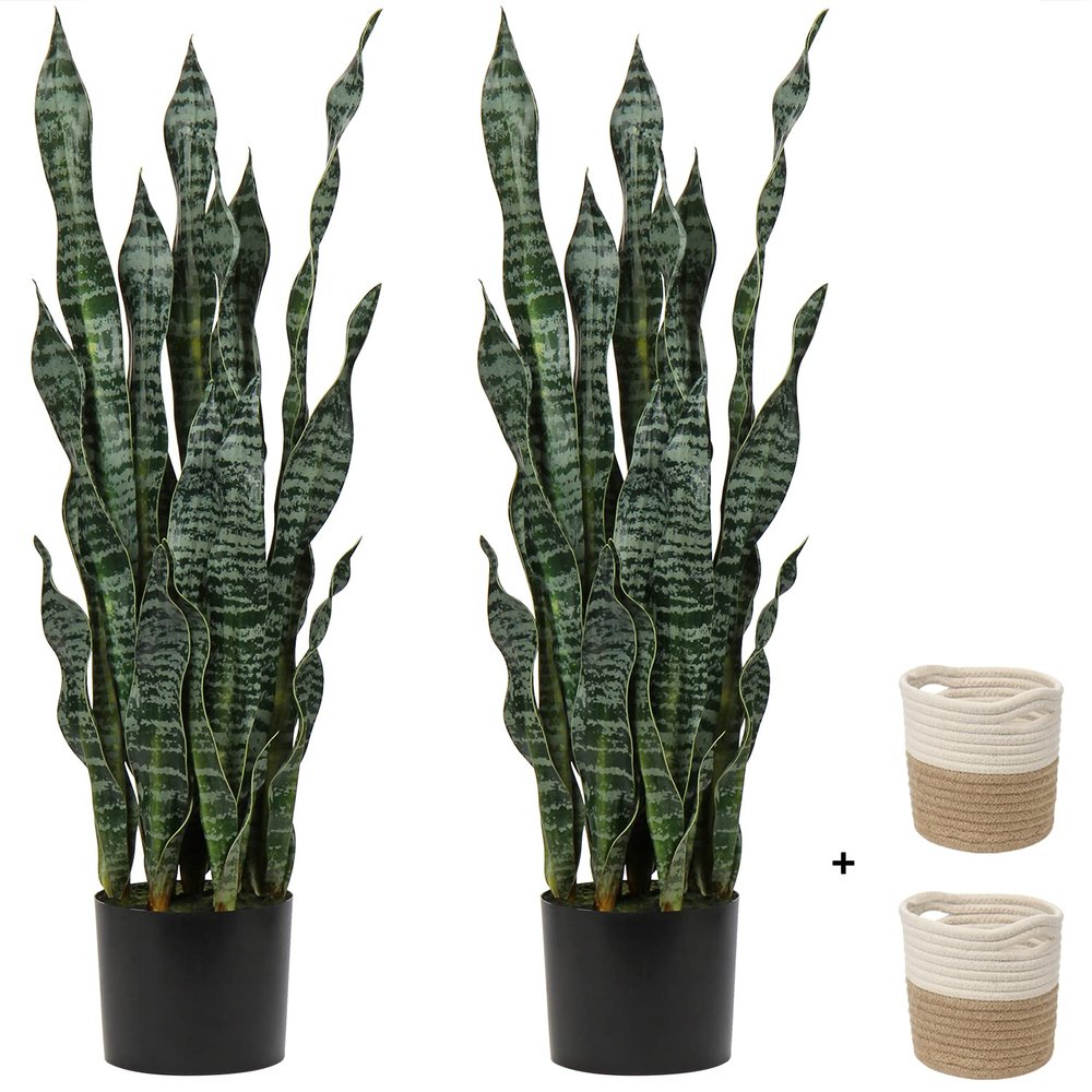 2 Set Large Fake Snake Plant Black Coral 35.8 Inch Sansevieria Plant Artificial Snake Plants in Pots with Woven Basket Faux Mother In Law Tongue Plant - 30 Leaves for Indoor Outdoor Home Office Decor