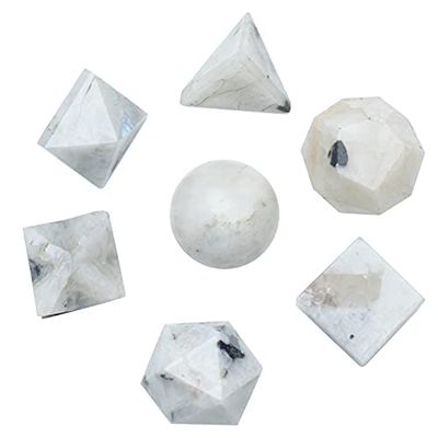Crocon Rainbow Moonstone 7Pcs Platonic Solids Crystal Geometry Set, Platonic Solids Sacred Geometric Stones for Meditation Reiki Balancing Healing Chakra Stone Cleansing Spiritual Good Luck (15-20mm)