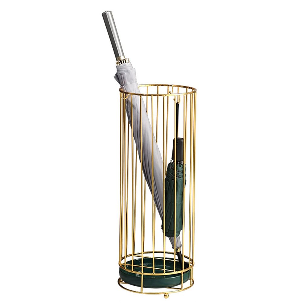 Umbrella Racks Golden Metal Umbrella Stand Umbrella Holder, Corridor Entrance Umbrella Basket with drip Tray and 3 Hooks, Accommodate 10 Umbrellas