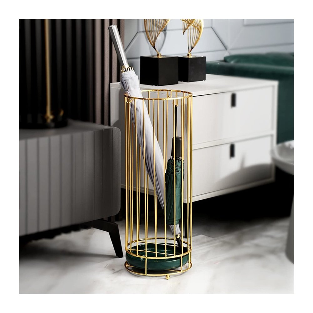 Umbrella Racks Golden Iron Umbrella Stand Umbrella Holder, Umbrella Basket at The Entrance of The Hotel Cafe Corridor, with Drip Tray and 3 Hooks, 22x58cm