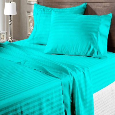 100% Egyptian Cotton 600 Thread Count 6 Pc Bed Sheets-Grand King Size, Deep Pocket Upto 30-32'' Sheet Set,Turquoise Stripe