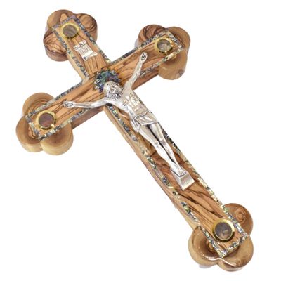 15" Olive Wood Crucifix Cross with Mother of Pearl & Holy Relics  Handmade in Bethlehem