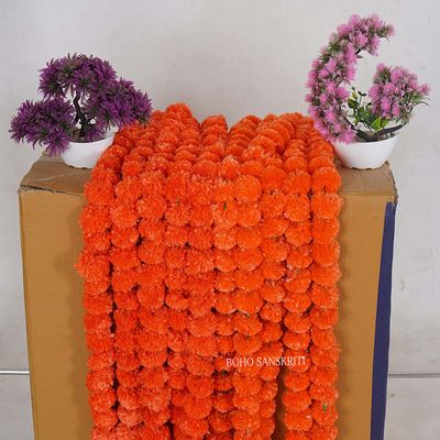 20 Orange Color Artificial Strings Marigold Flower 4.5 FEET Long for Parties Weddings Indian Theme Decorations Home Decoration Diwali Indian Festival Christmas Garland Strings Mehndi