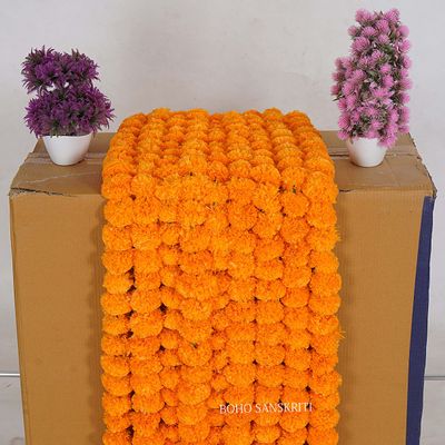 20 Mango Color Artificial Strings Marigold Flower 4.5 FEET Long for Parties Weddings Indian Theme Decorations Home Decoration Diwali Indian Festival Christmas Garland Strings Mehndi
