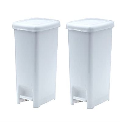 Superio Slim Trash Can with Foot Pedal 10.5 Gallon Step-On Trash Can with Lid, Large Plastic Garbage Can, Trashcan for Bathroom, Kitchen, Office, Bedroom, Dorm Room, Patio, White, 2 Pack