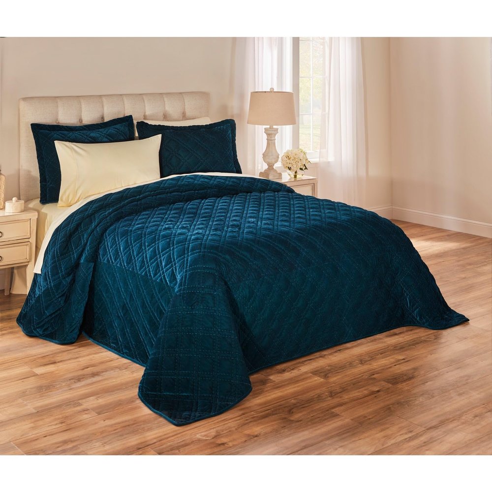BrylaneHome Velvet Diamond Quilted Bedspread - King, Deep Teal
