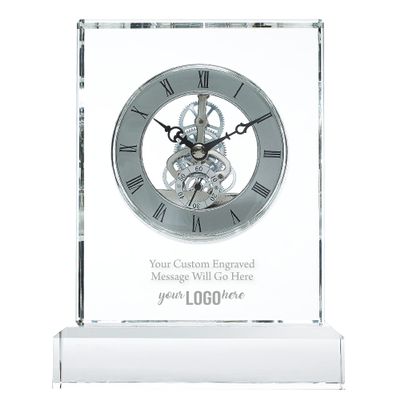 Baudville Engraved Clock Trophy - Executive Crystal - Rectangular Shaped on a Rectangular Base - Silver Inset Time Piece (Rectangle Silver Custom Logo)