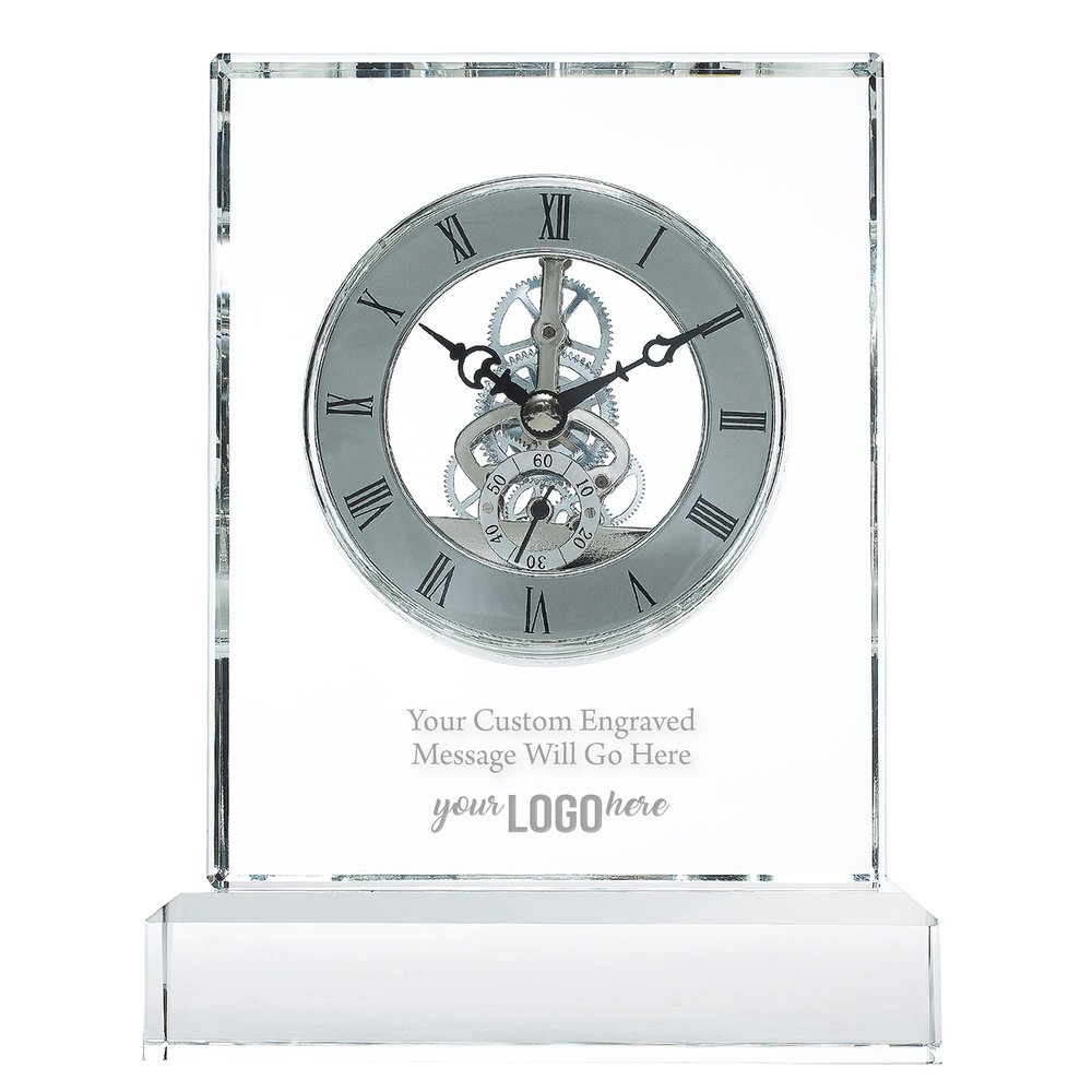 Baudville Engraved Clock Trophy - Executive Crystal - Rectangular Shaped on a Rectangular Base - Silver Inset Time Piece (Rectangle Silver Custom Logo)