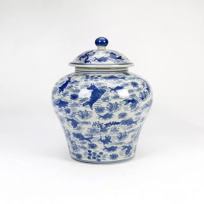 AA Importing 14.5" Ceramic Ginger Jar, Koi Pond Design