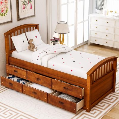 LZ LEISURE ZONE Twin Size Platform Storage Bed, Solid Wood Twin Daybed with 6 Storage Drawers, Walnut