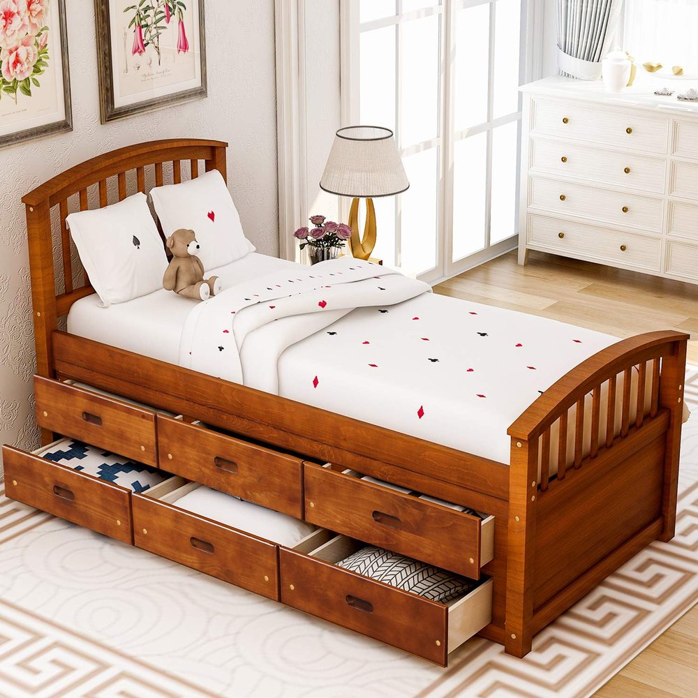 LZ LEISURE ZONE Twin Size Platform Storage Bed, Solid Wood Twin Daybed with 6 Storage Drawers, Walnut