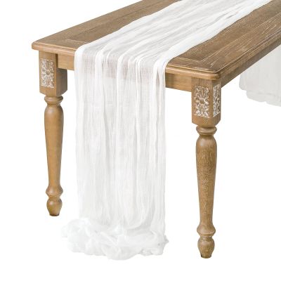 Ling's moment 14Ft x 35" Wide Brilliant White Gauze Semi-Sheer Table Runner Cheesecloth Tablecloth for Wedding Party Bridal Shower Boho Table Decor