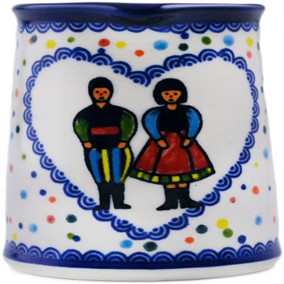 Polmedia Polish Pottery Creamer UNIKAT - Happy Folk Couple Pattern Handmade in Boleslawiec Poland by Ceramika Bona + Certificate of Authenticity