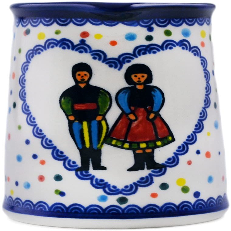 Polmedia Polish Pottery Creamer UNIKAT - Happy Folk Couple Pattern Handmade in Boleslawiec Poland by Ceramika Bona + Certificate of Authenticity