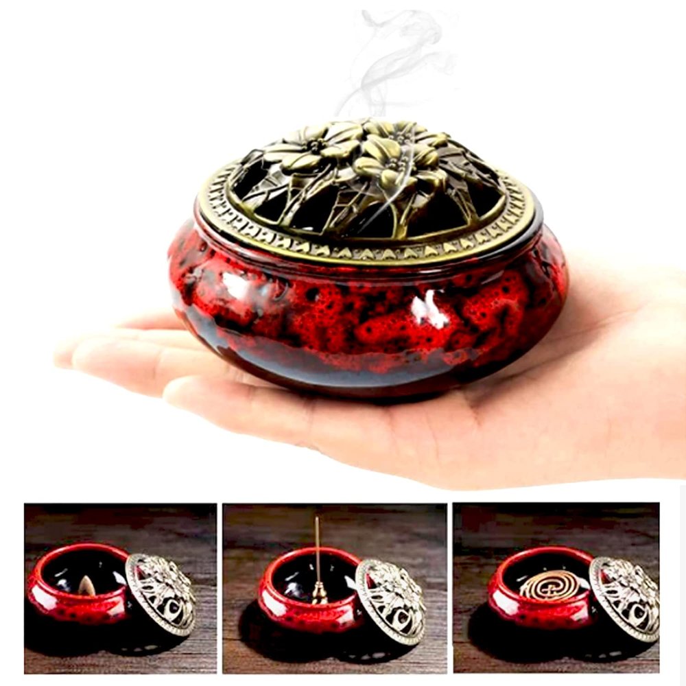 QIANJINL Incense Burner 3 in 1 Ceramic Stick Incense Holder for Home Decor Yoga Spa Meditation (Red), 4inchx2.9inch