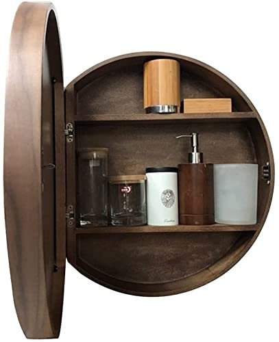 Round Bathroom Mirror Cabinet 19.6" Solid Wood Medicine Cabinet with Anti-Fog Mirror, 3 Layer Wall-Mounted Storage with Slow Closing Wooden Shelf (Walnut 50cm)