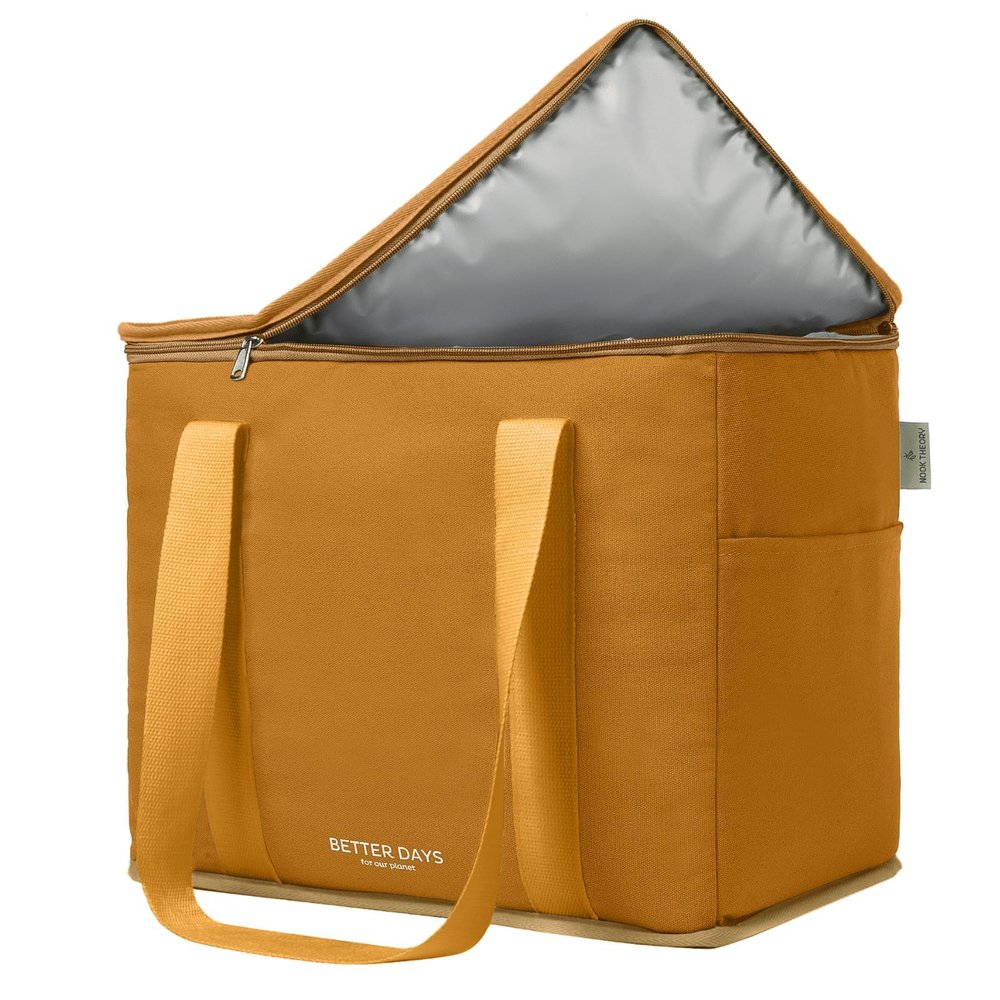 Reusable Insulated Grocery Bag - Canvas, Leak Proof, X Large Cooler Bag, Insulated Shopping Bags for Groceries, Travel Cooler Bag for Frozen and Hot Food with Zippered Top (Caramel)
