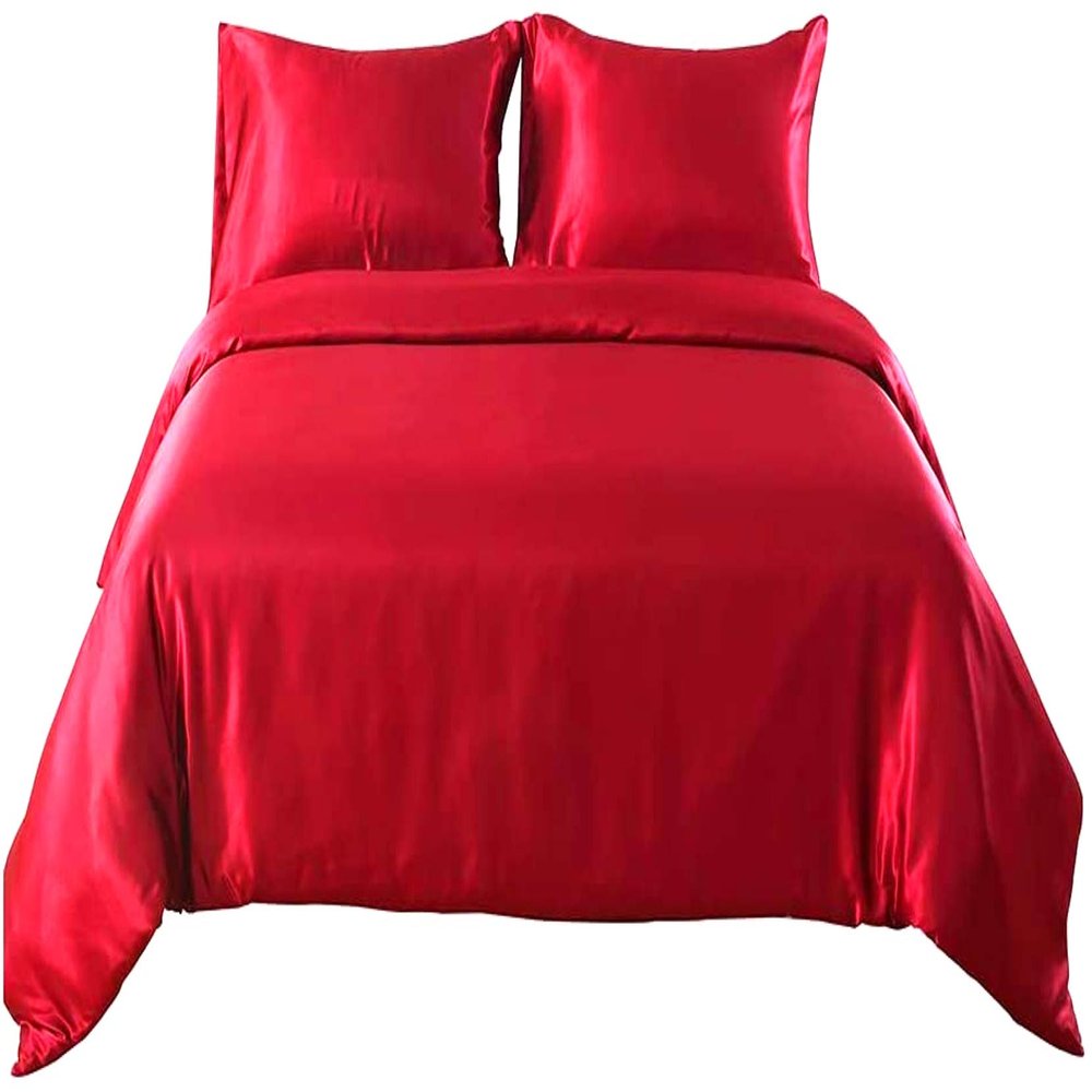 Satin Silk Oversize Queen Size Red 4 Piece Duvet Cover Set (Duvet Cover + Fitted Sheet 15'' + 2 Pillow Cases) Satin Zipper Closure Comforter Protector