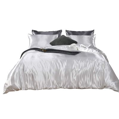 Satin Silk Oversize Queen Size White 4 Piece Duvet Cover Set (Duvet Cover + Fitted Sheet 15'' + 2 Pillow Cases) Satin Zipper Closure Comforter Protector