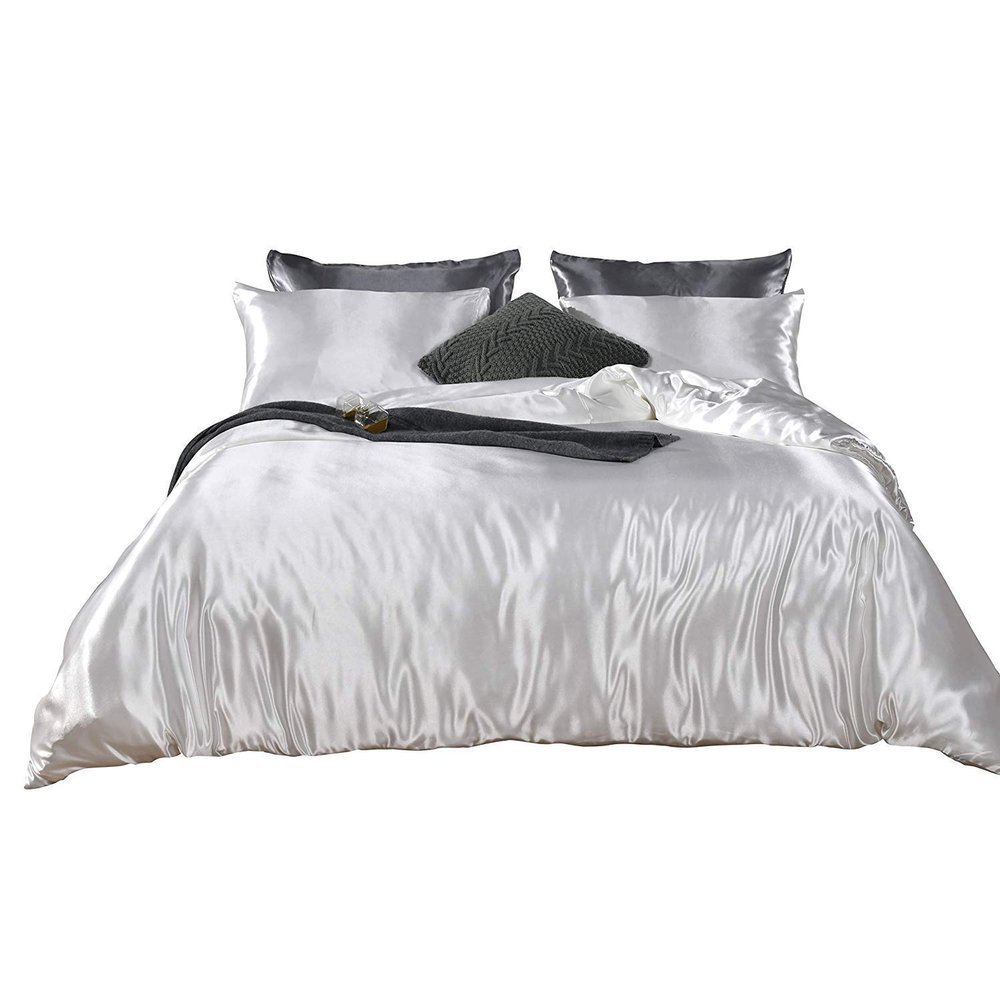 Satin Silk Oversize Queen Size White 4 Piece Duvet Cover Set (Duvet Cover + Fitted Sheet 15'' + 2 Pillow Cases) Satin Zipper Closure Comforter Protector