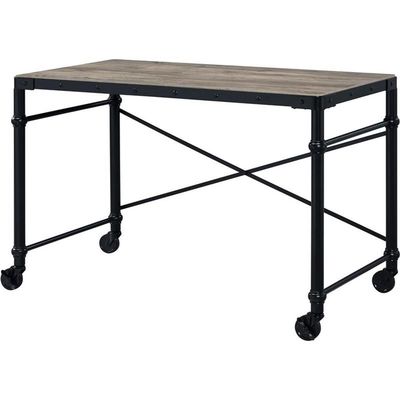 Acme Oklarth Wooden Top Writing Desk with Wheels in Rustic Oak and Black