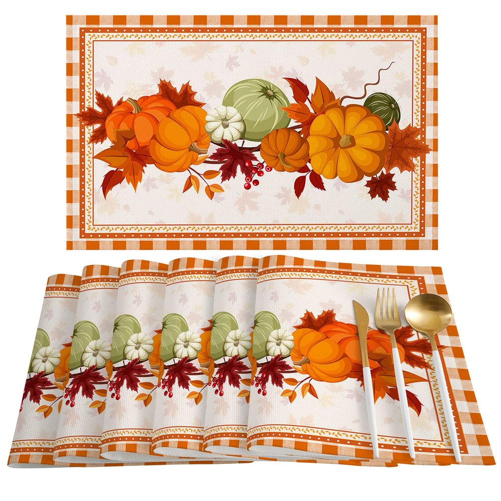 SUNNIEEV Thanksgiving Day Fall Placemats Set of 6-19"" Pumpkins and Leaves Textured Table Mats Heat Resistant Stain Resistant Machine Washable Mat for Farmhouse, Kitchen, Dining Room, Home Decor, BBQ