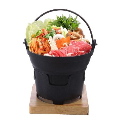 AIZYR Round Sukiyaki Tetsu Nabe Pot, Japanese Style Shabu Hot Pot with Wooden Lid, Wooden Pad and Cooking Stove for Gas Stove, Open Flame,16cm