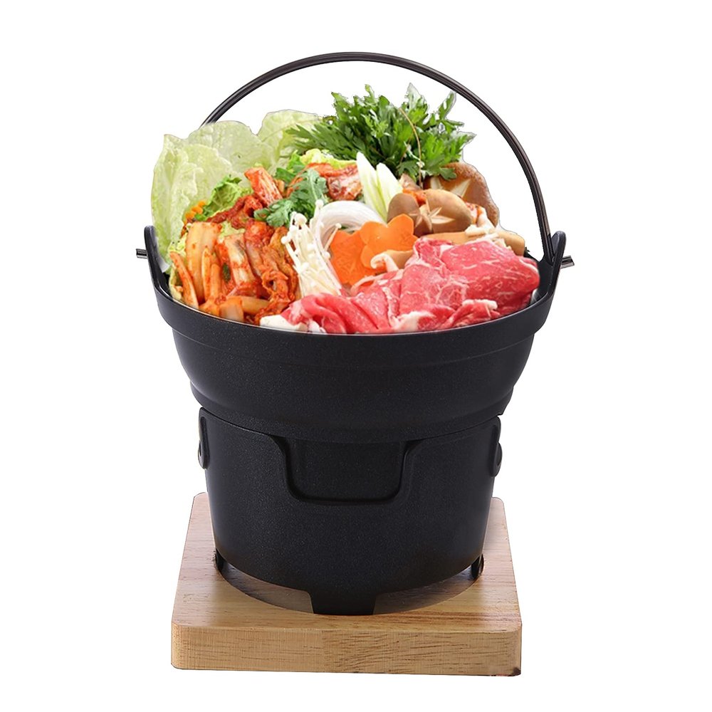 AIZYR Round Sukiyaki Tetsu Nabe Pot, Japanese Style Shabu Hot Pot with Wooden Lid, Wooden Pad and Cooking Stove for Gas Stove, Open Flame,18cm