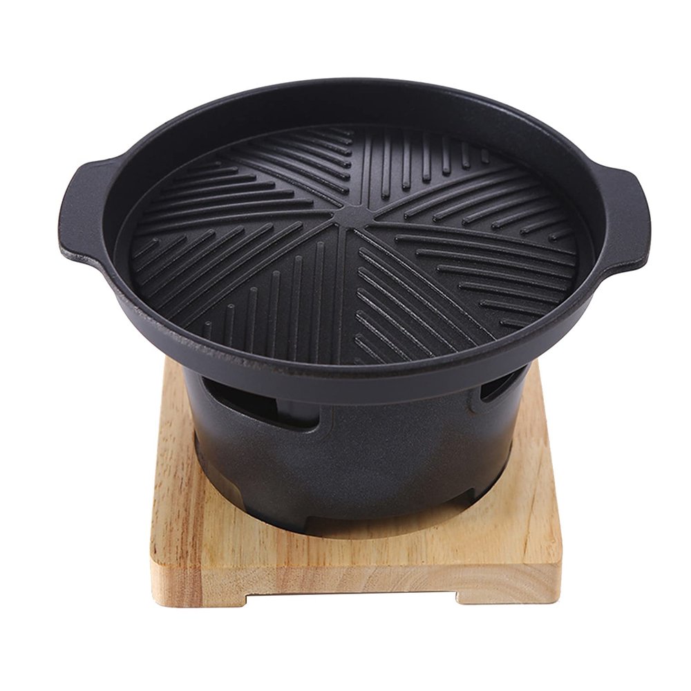 AIZYR Round Sukiyaki Tetsu Nabe Pot, Japanese Style Shabu Hot Pot with Wooden Lid, Wooden Pad and Cooking Stove for Gas Stove, Open Flame,19cm bakeware