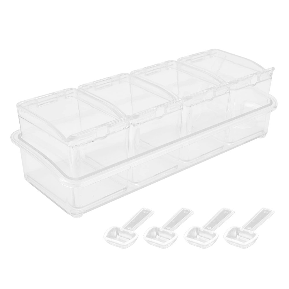 Fdit 4 Piece Clear Seasoning Rack Pots, Acrylic Seasoning Box Pots Storage Container Condiment Jars Cruet With Cover And Spoon Suitable For Kitchen