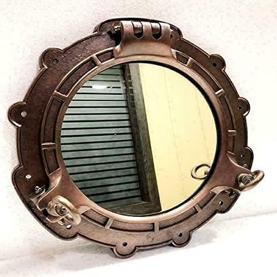 15" Brown Antique Canal Boat Porthole Window Ship Round Face Mirror Wall Decor