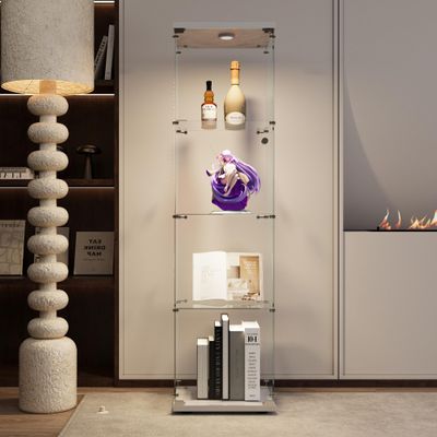 JT Glass Display Cabinet 4 Shelves with Light and Door, Easy to Install, Solid Tempered Glass, Floor Standing Curio Bookshelf for Living Room Bedroom Office (White)