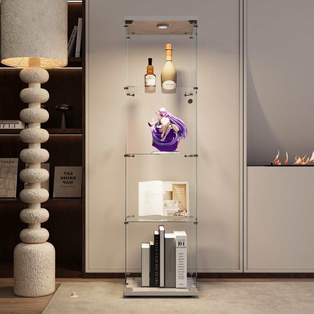 JT Glass Display Cabinet 4 Shelves with Light and Door, Easy to Install, Solid Tempered Glass, Floor Standing Curio Bookshelf for Living Room Bedroom Office (White)
