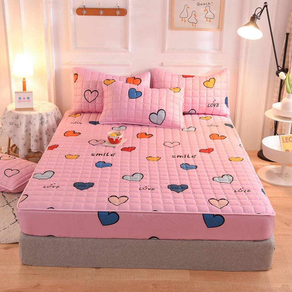 CFYCYHDZHT Bed Sheet Queen Size Thick Quilted Non Slip Deep Pocket Fitted Sheets, Cartoon Printed Mattress Protector for Boys Girls Bedroom Love 180200cm