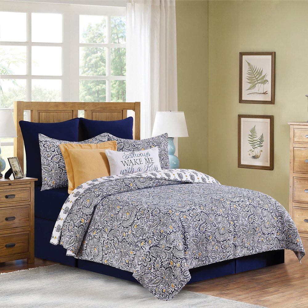 C&F Home Serena 3 Piece Full/Queen Quilt Set Blue Floral Print 100% Cotton Lightweight Machine Washable Reversible Bedspread Coverlet Full/Queen 3 Piece Set Blue