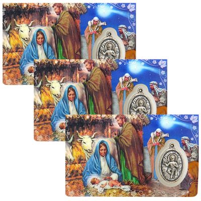 Nativity Scene Prayer Card with Medal and Silent Night Hymn on the Back, Catholic Saints Pocket Prayers Bookmark and Bible Page Holders with Mary, Joseph, and Baby Jesus, 3 3/8 Inches, Pack of 3