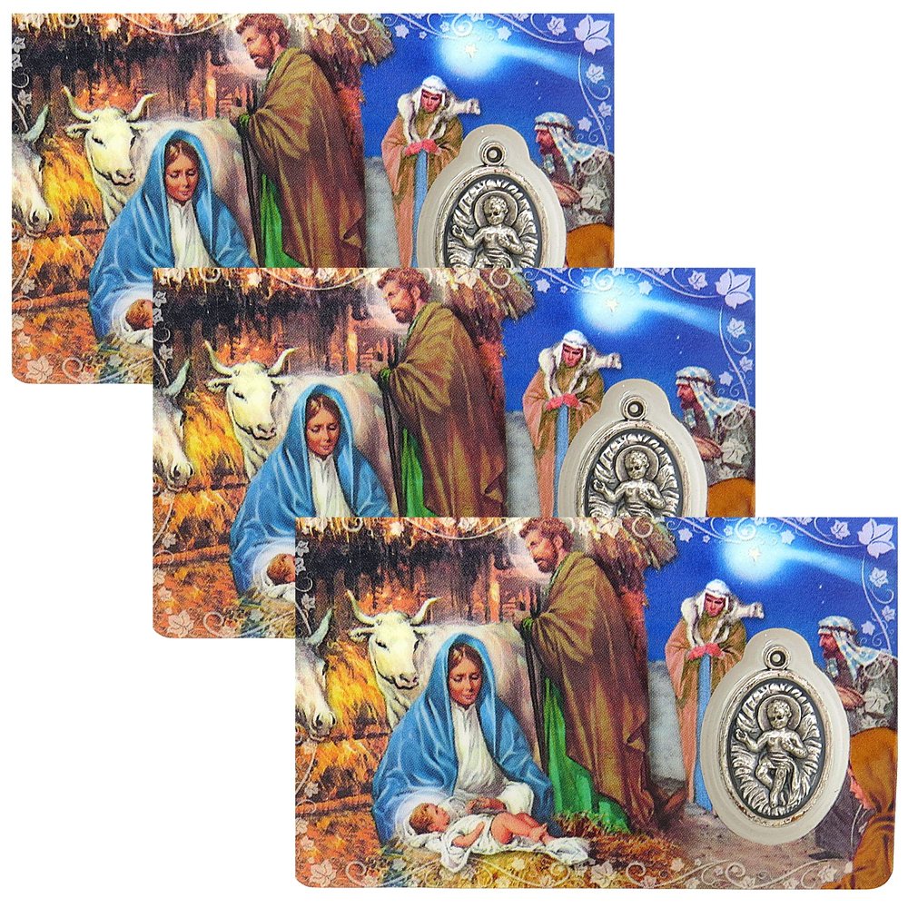 Nativity Scene Prayer Card with Medal and Silent Night Hymn on the Back, Catholic Saints Pocket Prayers Bookmark and Bible Page Holders with Mary, Joseph, and Baby Jesus, 3 3/8 Inches, Pack of 3