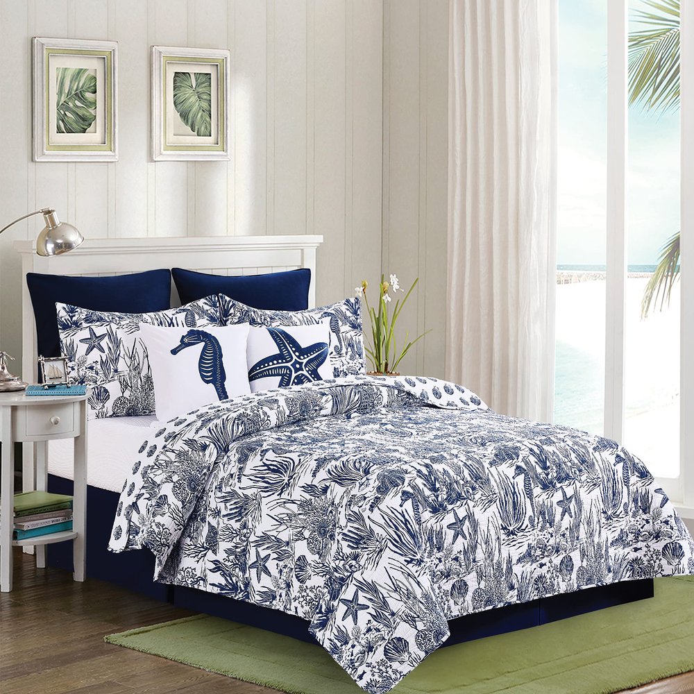 C&F Home Reef Shores 3 Piece Full/Queen Quilt Set Blue Coastal Ocean Beach Seaside 100% Cotton Lightweight Machine Washable Reversible Bedspread Coverlet Full/Queen 3 Piece Set Blue