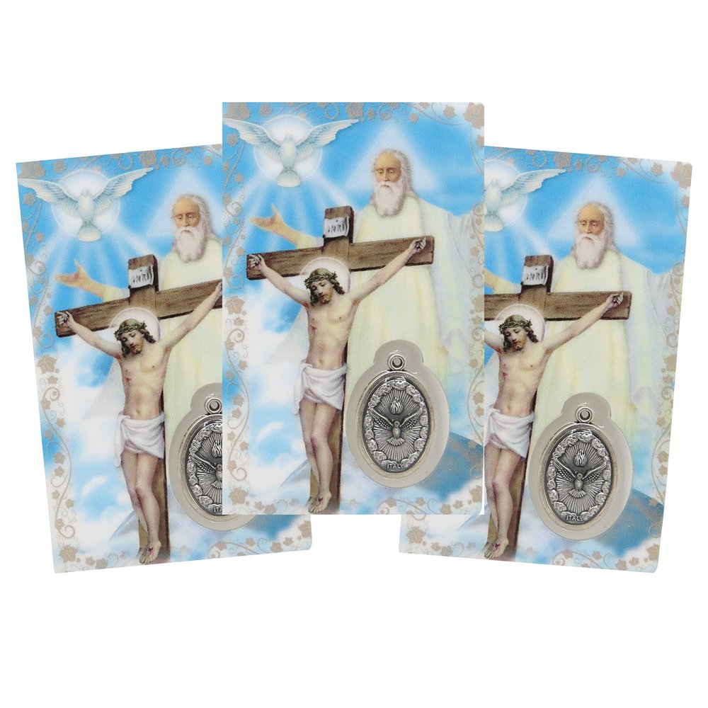 Needzo Holy Trinity, The Father, Son, and Holy Spirit, Prayer Card with Medal and Prayers on The Back, Catholic Saints Pocket Prayers Bookmark and Bible Page Holders, 3 3/8 Inches, Pack of 3