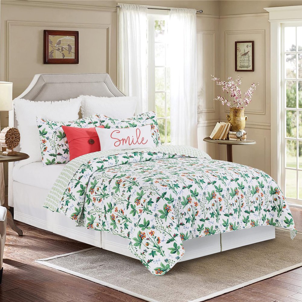 C&F Home Clover Bug 3 Piece Full/Queen Quilt Set Green Floral Print 100% Cotton Lightweight Machine Washable Reversible Bedspread Coverlet Full/Queen 3 Piece Set Green